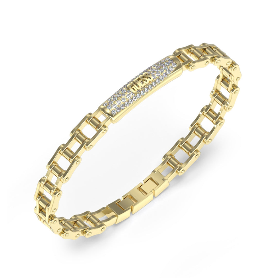 Gold chain bracelet for Man with engraved text and embedded stones on polished links