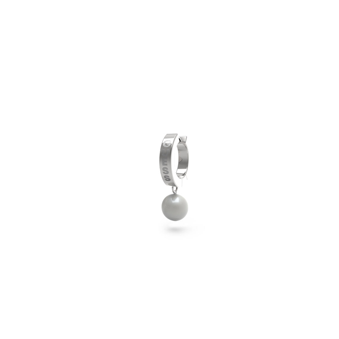 Silver hoop earrings each featuring a single dangling white freshwater pearl against a neutral background