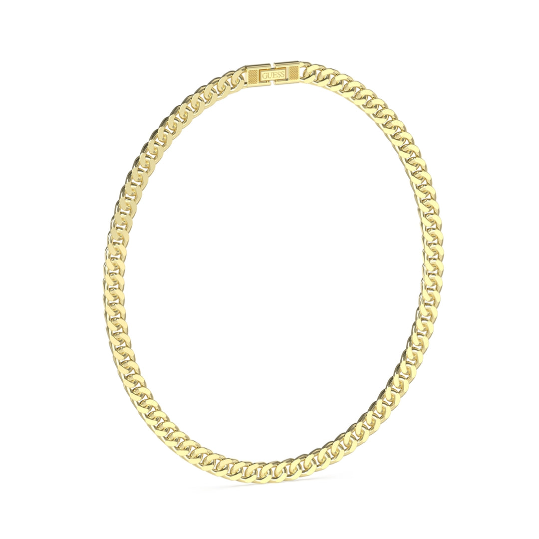 Gold-tone curb chain necklace with sculpted links and logo-engraved clasp on neutral background