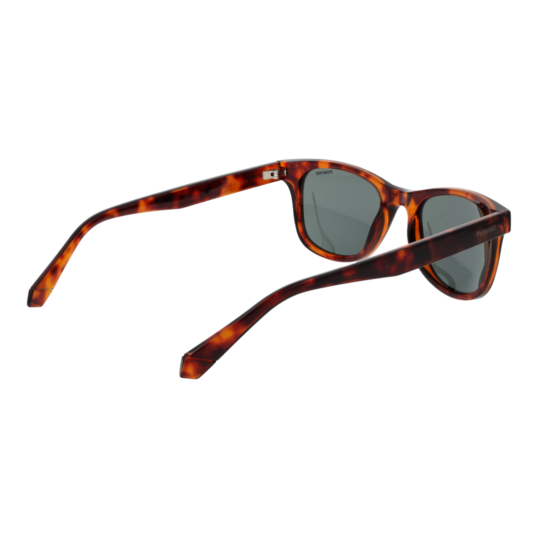 Unisex tortoise shell rectangular sunglasses in plastic frame with dark polarized lenses on white background