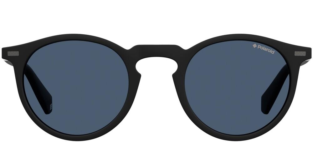 Black round sunglasses with dark blue polarized lenses and textured metal temple accents, unisex