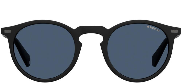 Black round sunglasses with dark blue polarized lenses and textured metal temple accents, unisex