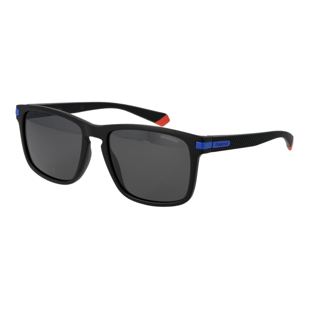 Black sporty rectangular sunglasses with blue and red accents, textured temple arms, polarized lenses