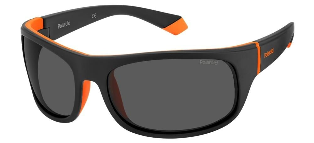 Black and orange wrap-around plastic sunglasses with polarized lenses and rubber temple tips, sporty profile for Man