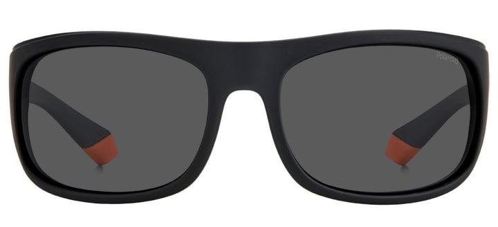 Black and orange wrap-around plastic sunglasses with polarized lenses and rubber temple tips, sporty profile for Man