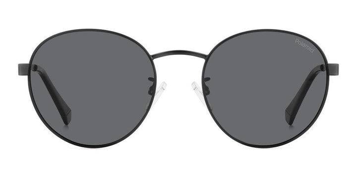 Black metal round sunglasses with polarized lenses and adjustable nose pads on white background
