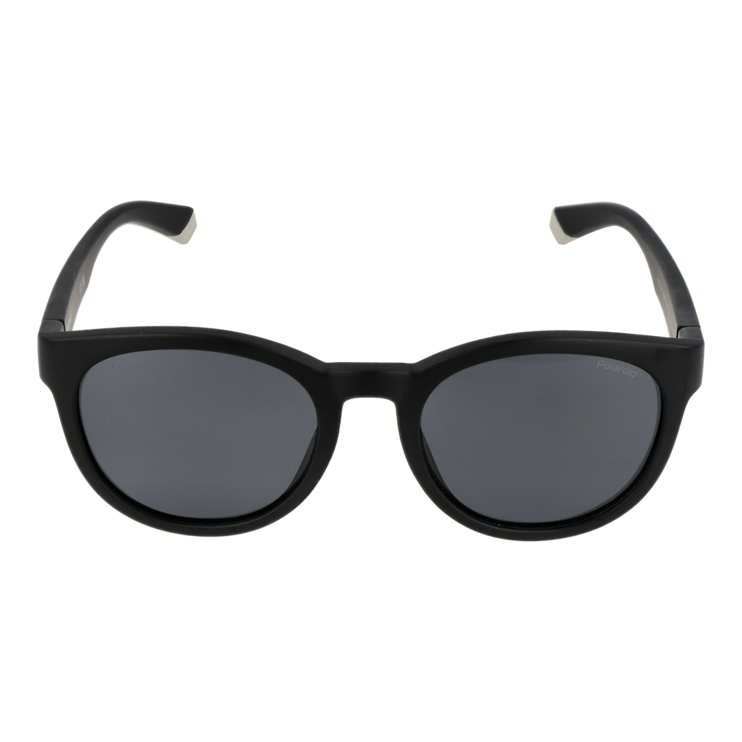 Black Unisex round sunglasses in plastic frame with polarized lenses and silver temple stripes, angled view showing logo