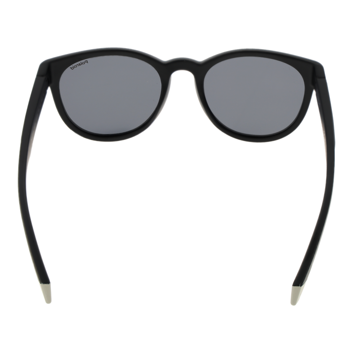 Black Unisex round sunglasses in plastic frame with polarized lenses and silver temple stripes, angled view showing logo