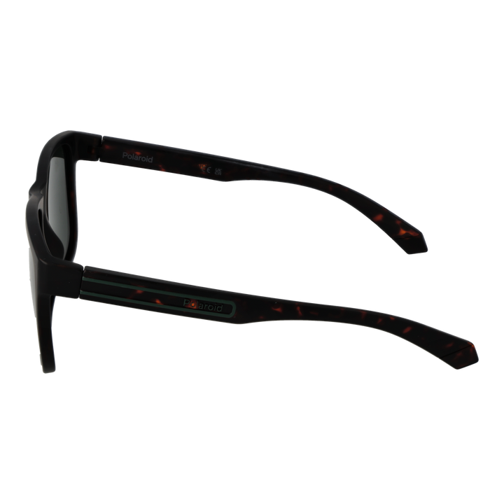 Tortoiseshell rectangular sunglasses in plastic frame with dark green polarized lenses, temple logo visible
