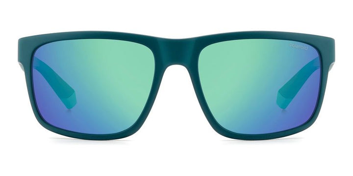 Teal rectangular sport sunglasses with mirrored lenses and two temple stripes, Unisex design