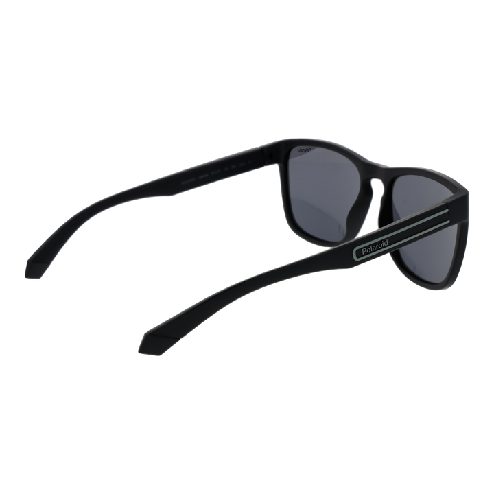 Black rectangular sunglasses on neutral background showing polarized lenses and two horizontal temple stripes