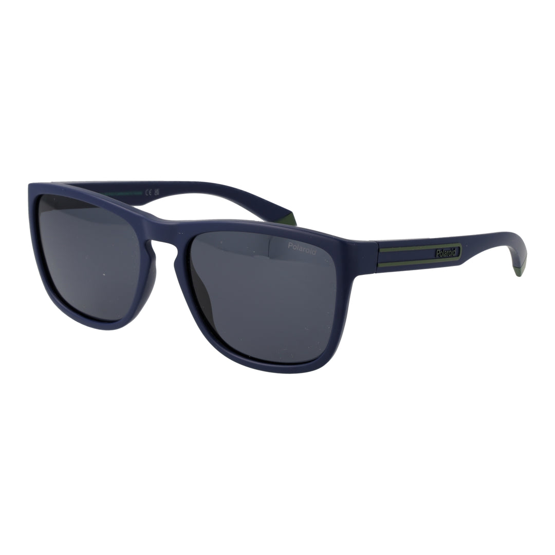 Dark blue rectangular plastic sunglasses with polarized lenses and subtle side stripes on a neutral background