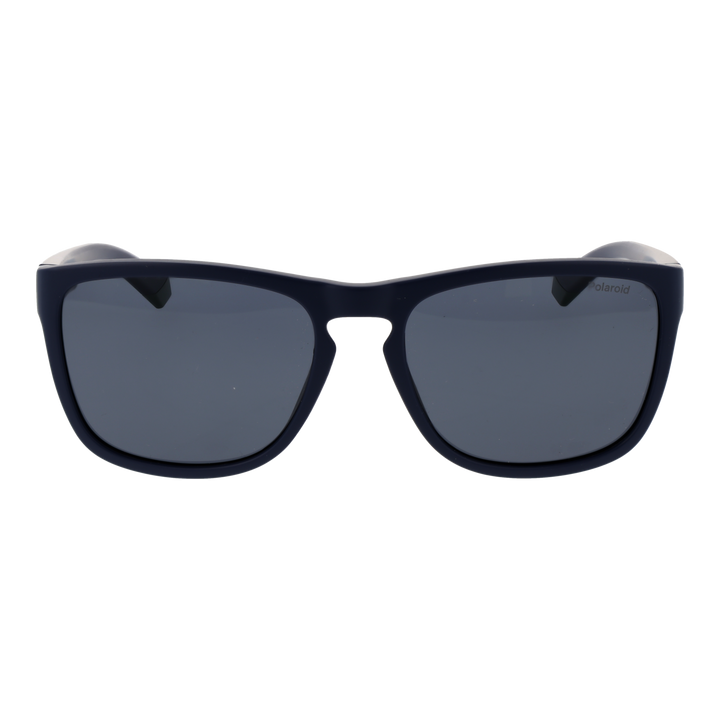Dark blue rectangular plastic sunglasses with polarized lenses and subtle side stripes on a neutral background
