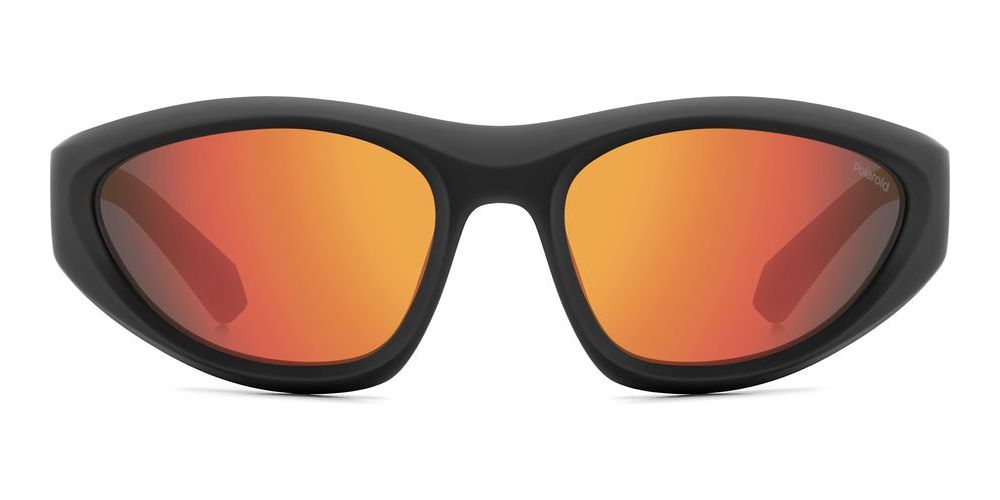 Black wrap sunglasses with orange-red mirrored polarized lenses on white background, sporty plastic frame