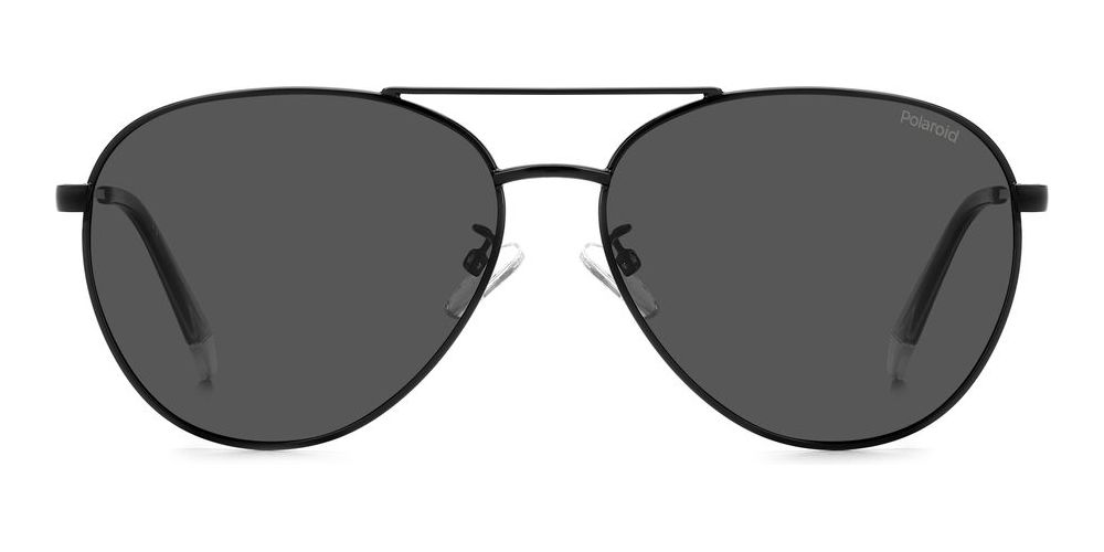 Unisex black metal aviator sunglasses with double bridge and polarized dark lenses on white background