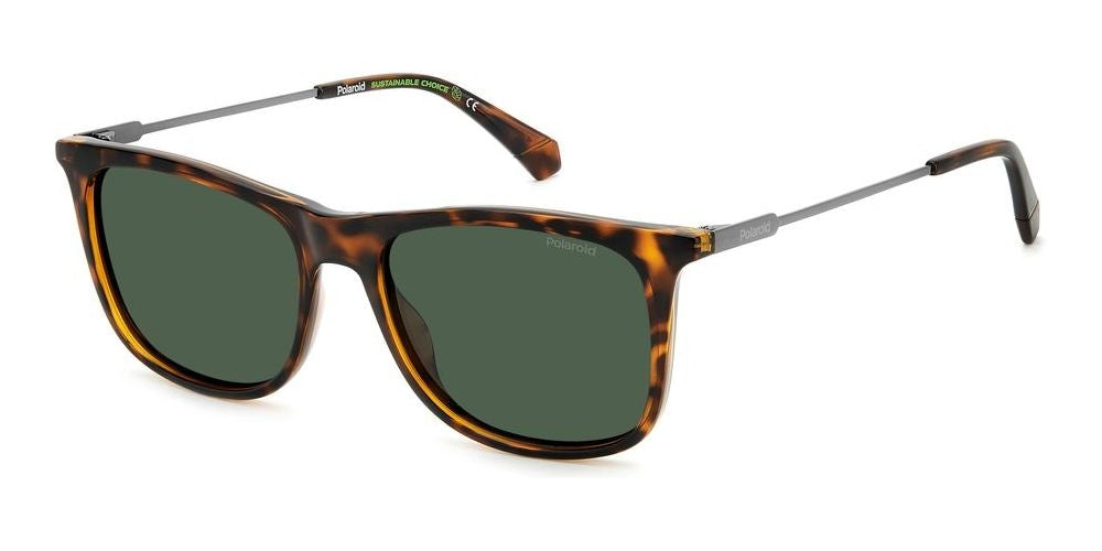 Tortoise shell rectangular sunglasses with green polarised lenses and thin metal temples, branded detail visible