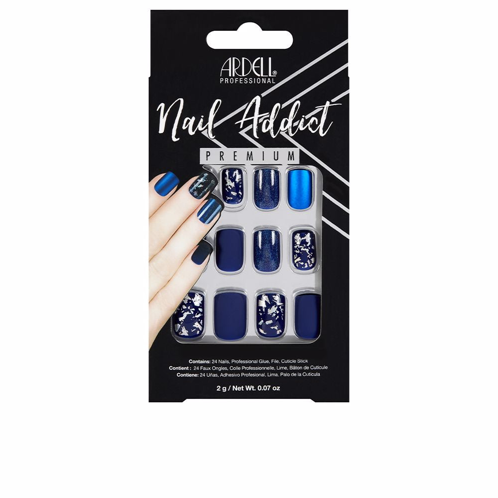 Matte denim blue press-on nails in assorted sizes, designer-inspired finish