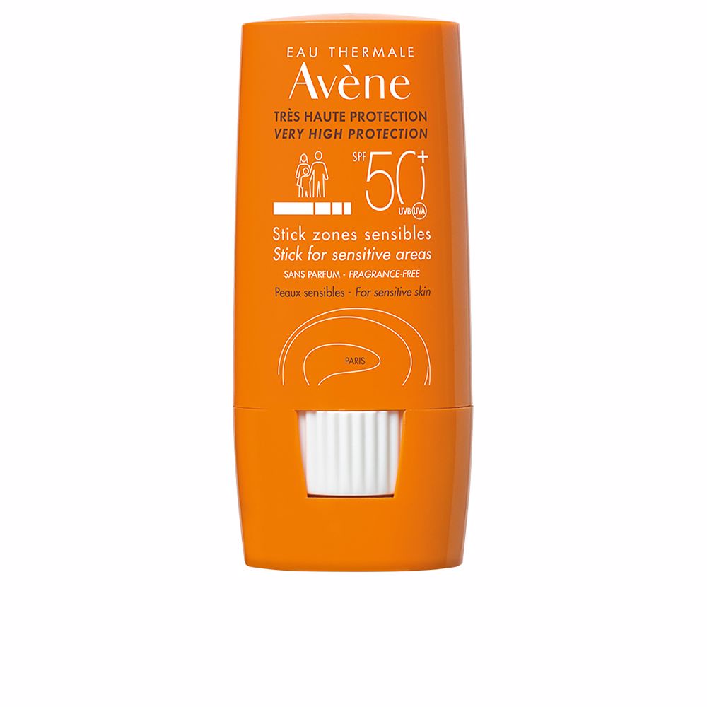 Avène Orange plastic sunscreen stick with twist-up mechanism, rounded rectangular shape and white dial