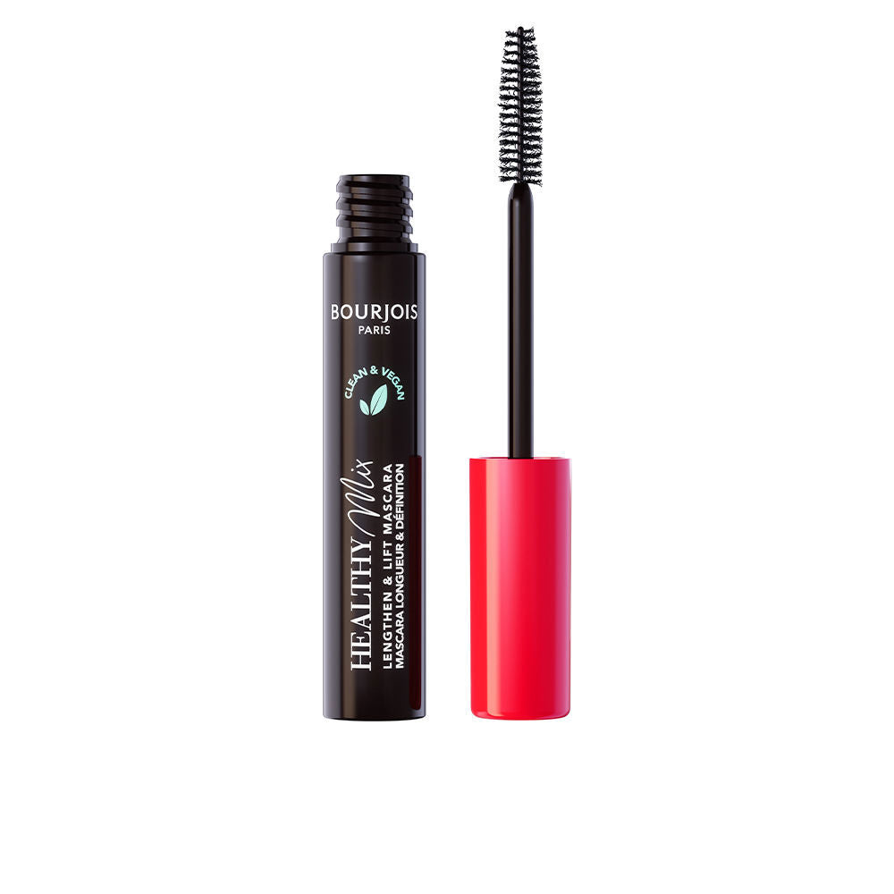 Tube of black brown vegan mascara with organic microfibre brush, 7 ml