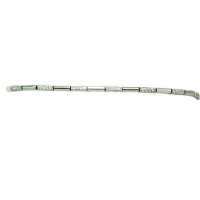 Silver link bracelet with thin rectangular polished segments and small embedded crystals reflecting light