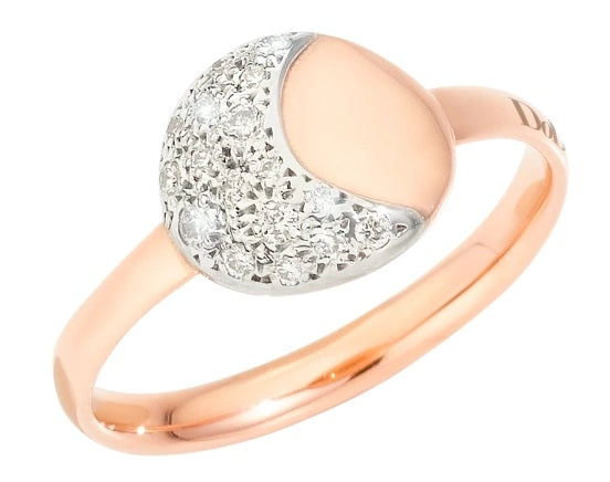 Rose gold ring with decorative diamonds and polished white gold accents, shown on neutral background