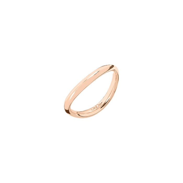 Close-up rose gold minimalist polished band ring on neutral background, slim profile