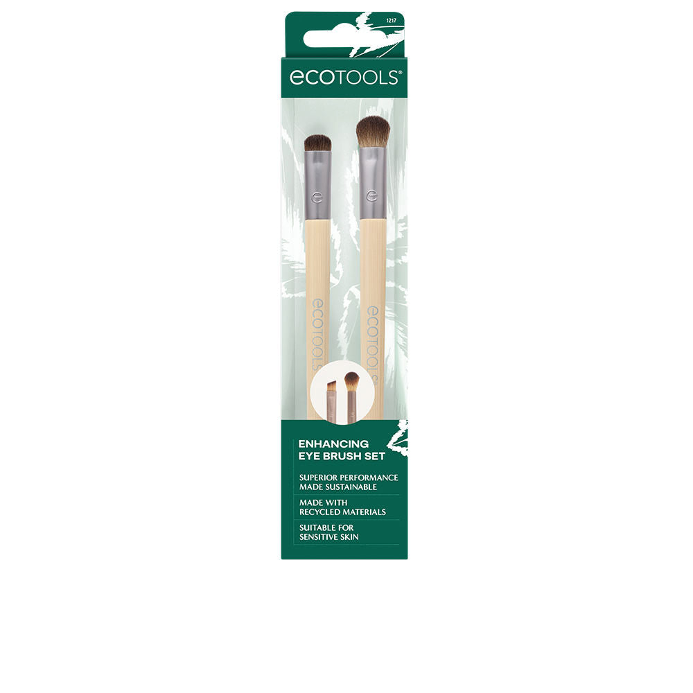 Ecotools Two green and beige wood-handled eye brushes with silver ferrules and synthetic bristles, packaged with hanging tab