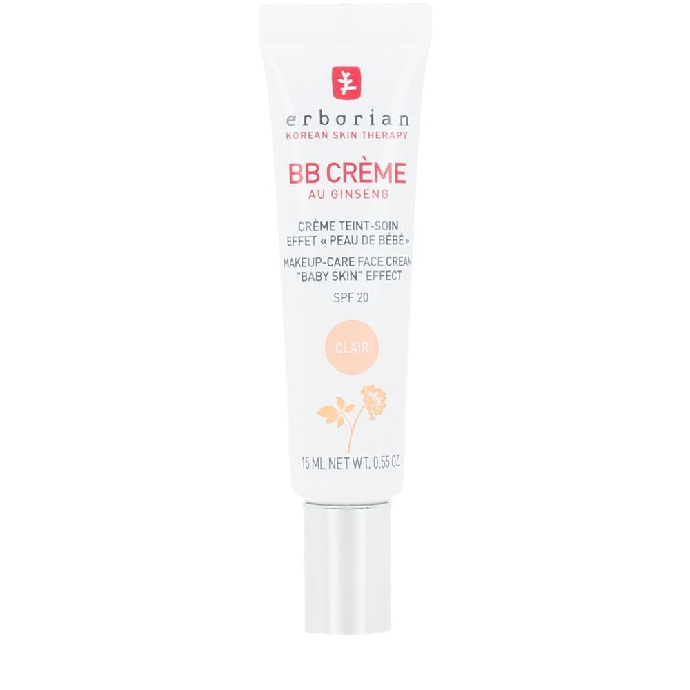 Erborian White plastic tube BB cream with metallic cap, printed text and delicate flower illustration, small size