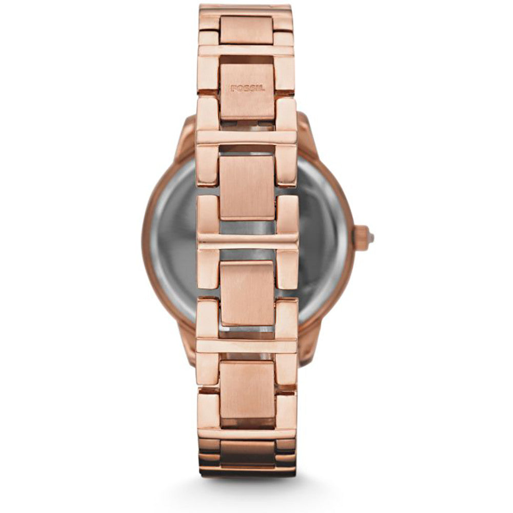 Rose gold wristwatch on bracelet strap with crystal-embellished bezel and mineral dial