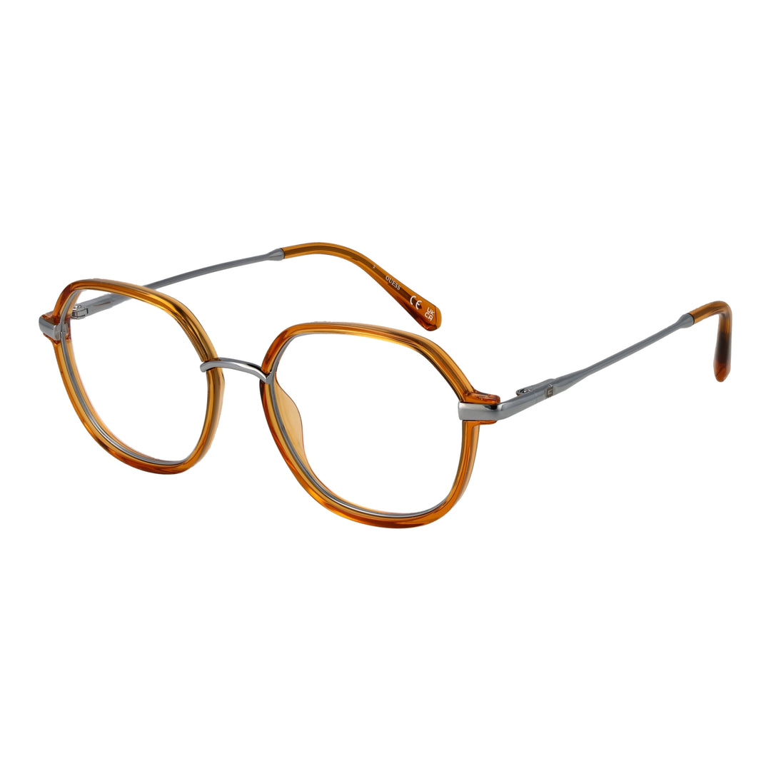 Unisex amber round eyeglasses with plastic front and thin silver metal temples on neutral background