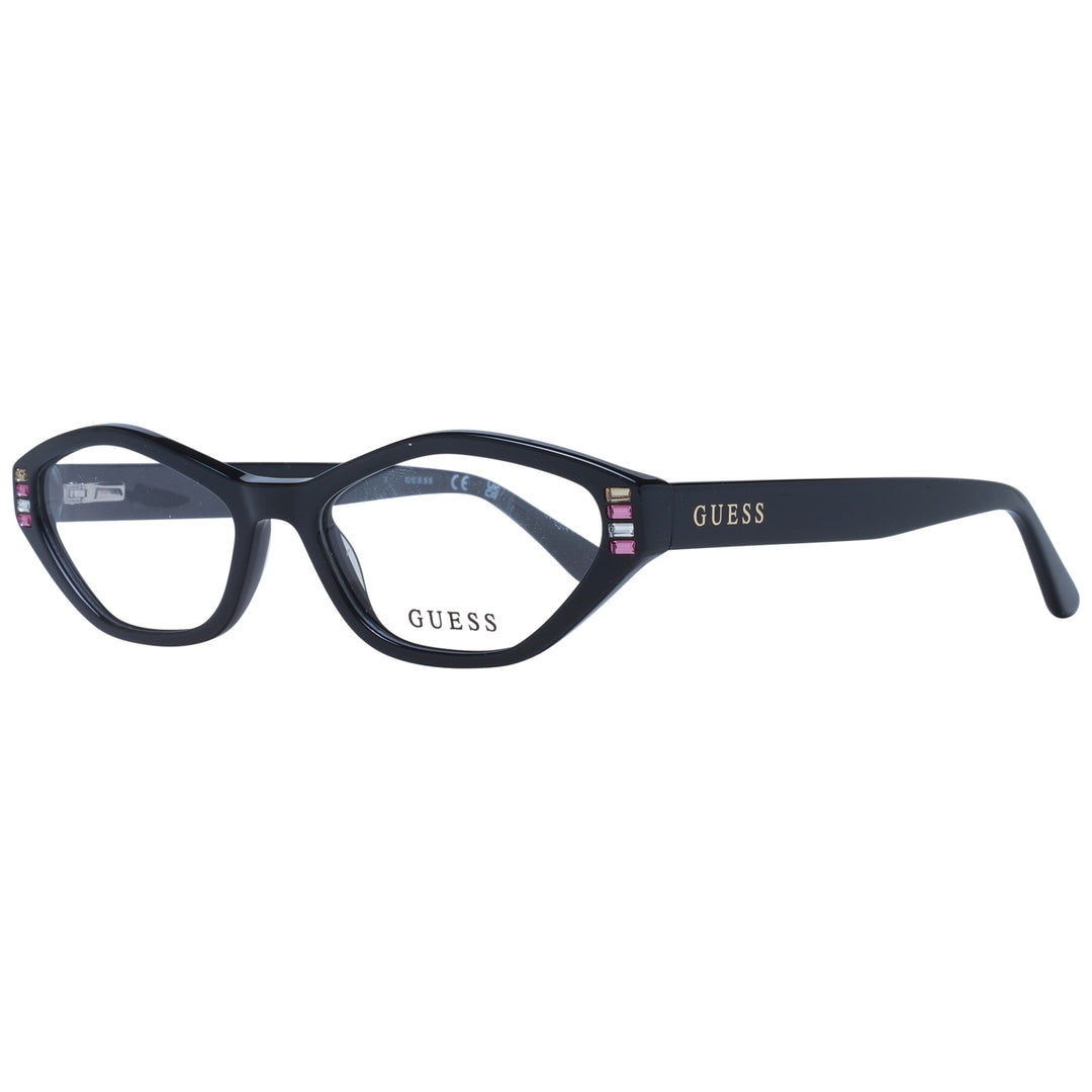 Glossy black cat-eye eyeglasses for Women with pink and clear rectangular corner embellishments, front three-quarter view