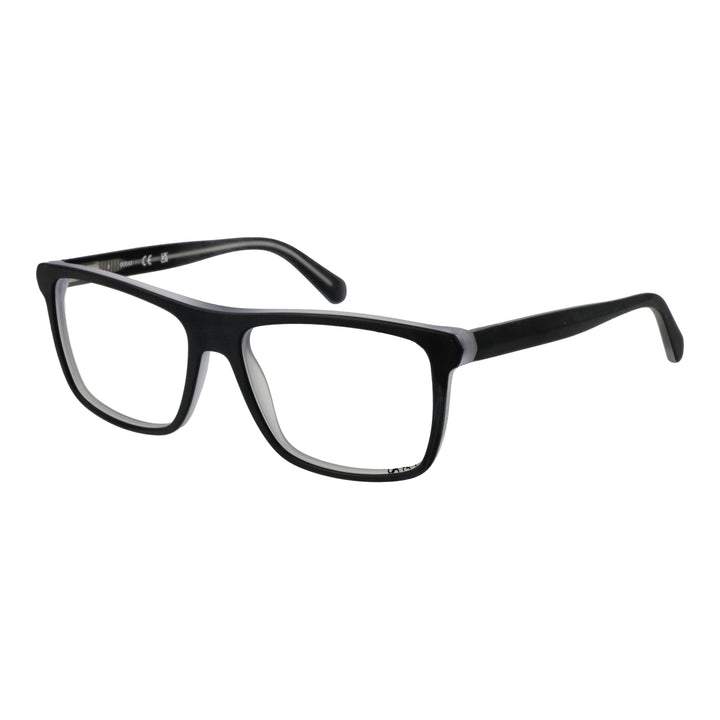 Black full-rim plastic eyeglasses with rectangular lenses, modern Unisex design on neutral background