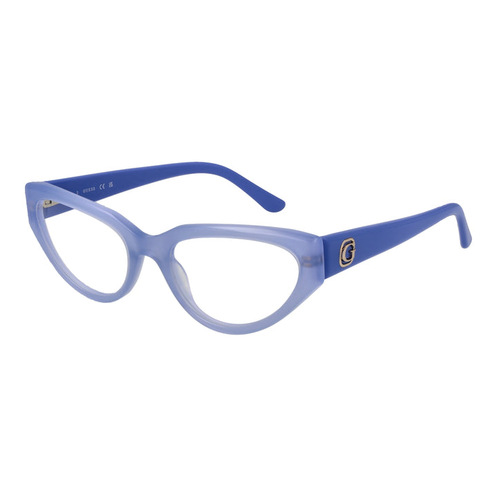 Blue plastic cat-eye eyeglasses for Women with decorative logo on temples, front and side view