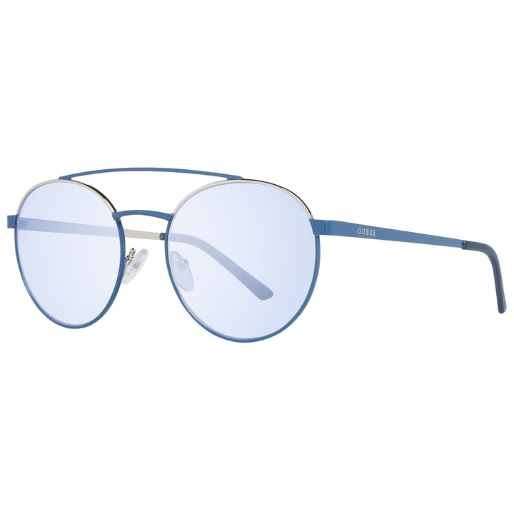 Unisex blue metal round eyeglasses with double bridge and adjustable nose pads against white background
