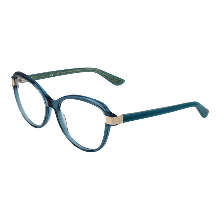 Blue round plastic eyeglasses for Women with gold hinge detail and patterned inner arms