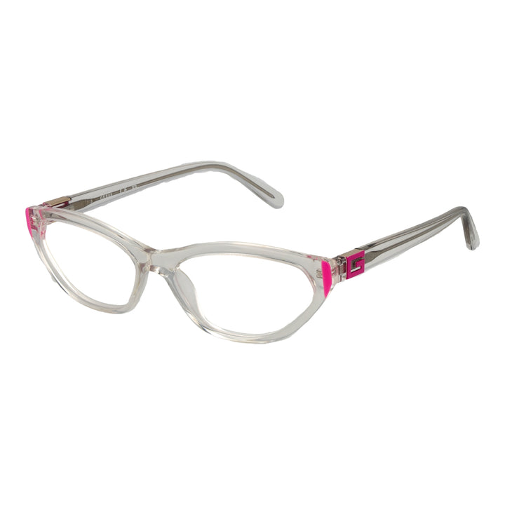 Clear plastic cat-eye eyeglasses with pink corner accents and pink &