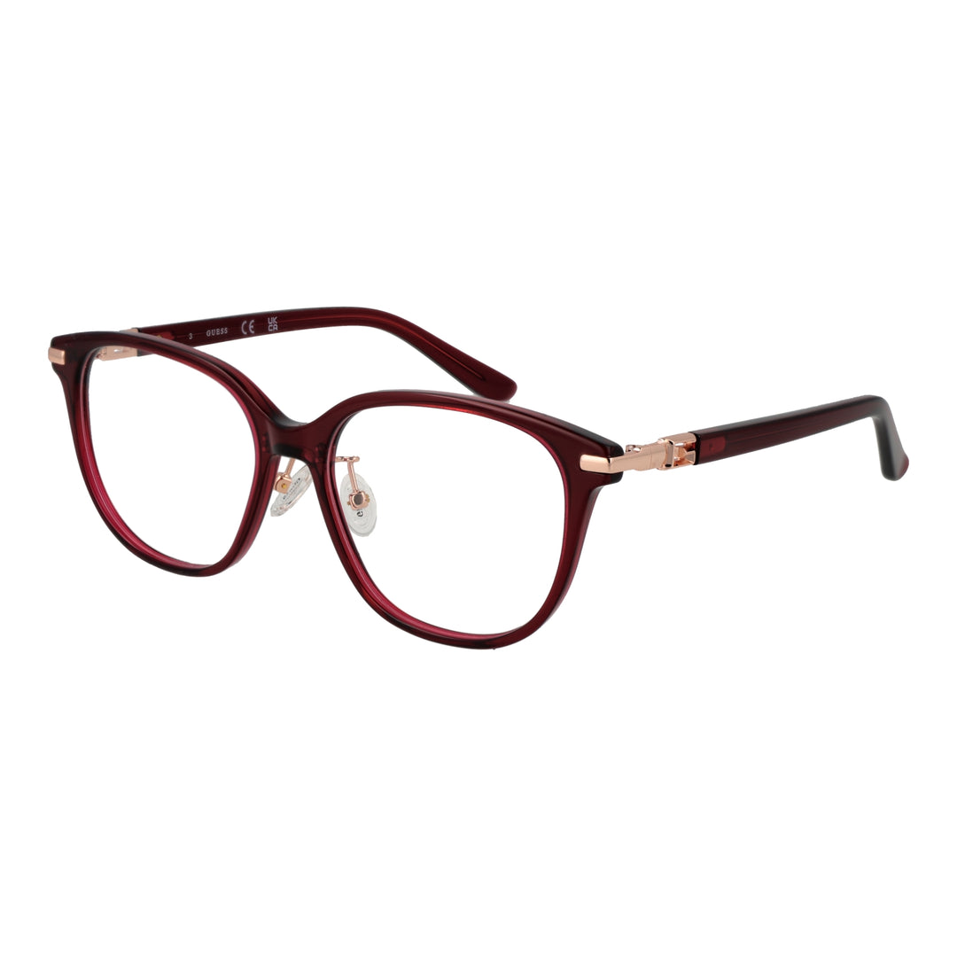 Dark red square plastic eyeglasses for Women with clear nose pads and metallic hinge accents