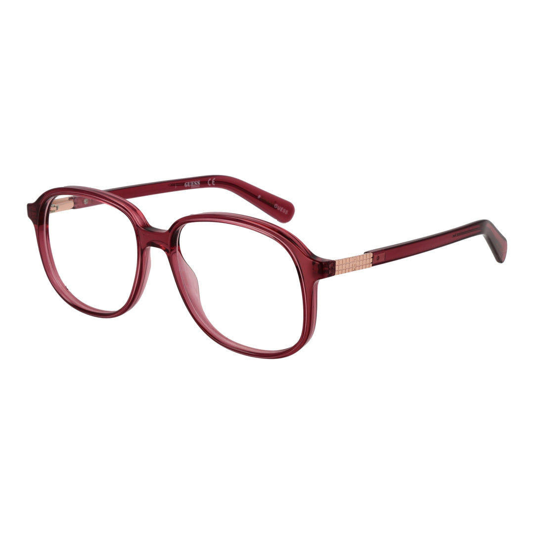 Dark red plastic square eyeglasses with transparent edges and gold hinge detail on temple