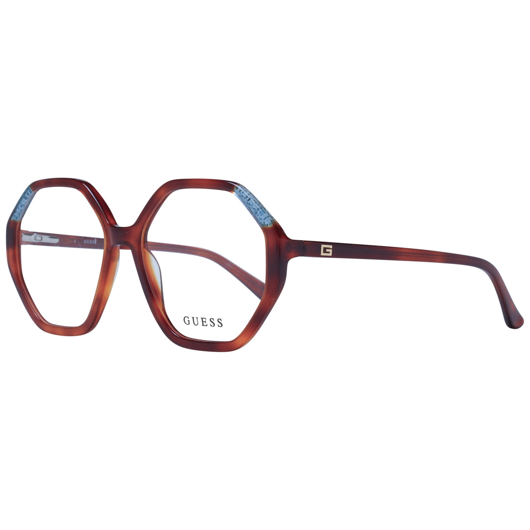 Brown hexagonal eyeglasses with blue temple accents, transparent lenses and logo detailing, plastic frame for Women