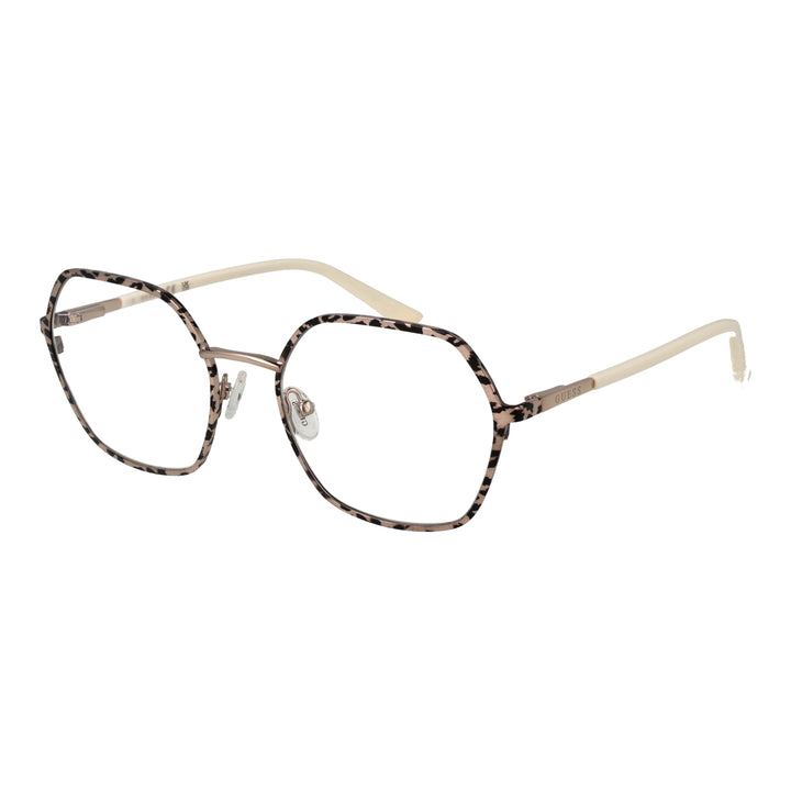 Beige and black tortoise rectangular eyeglasses with metal bridge and clear nose pads on neutral background
