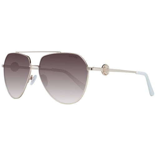 Gold metal aviator sunglasses with gray gradient lenses, white temple tips, red and black leather cases visible