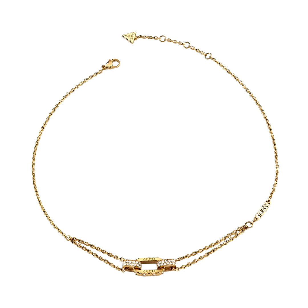 Gold double-chain layered necklace with rhinestone accents and adjustable clasp on neutral background for Women