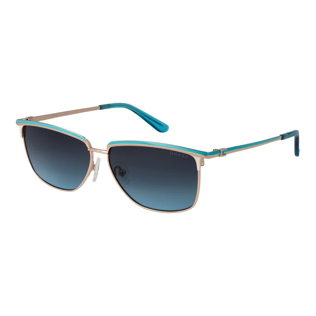 Gold metal aviator sunglasses with gradient lenses and blue temple tips shown front-on