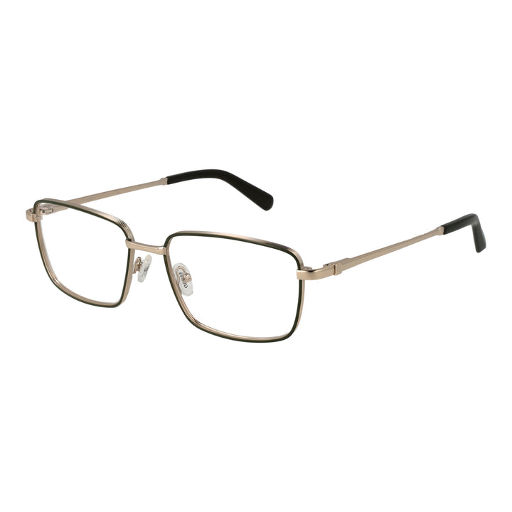Unisex gold metal rectangular eyeglasses with thin frame, black temple tips, and adjustable nose pads