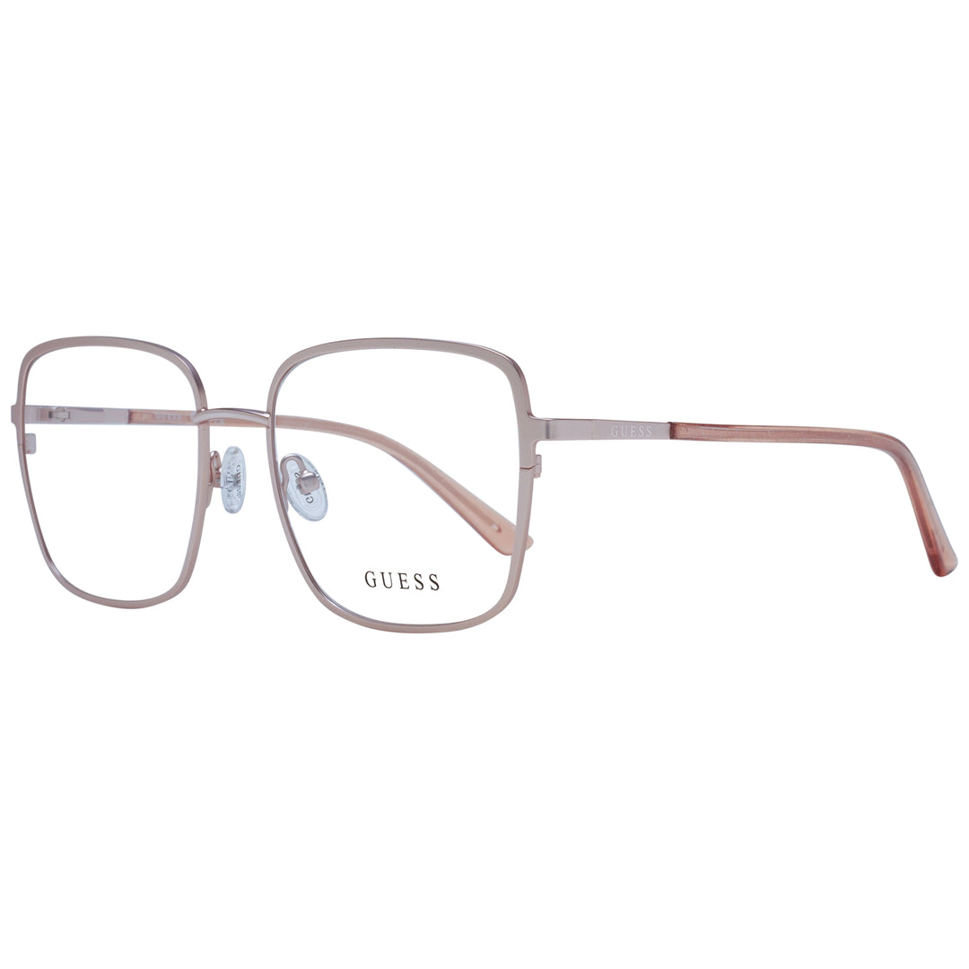 Light pink thin metal eyeglasses with square lenses and adjustable nose pads on neutral background