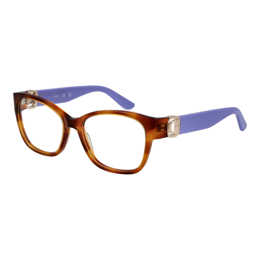 Purple and brown full-rim rectangular eyeglasses with gold emblem on temples, plastic frame, modern style for Women