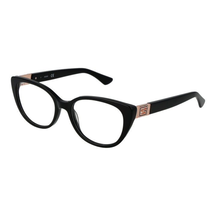 Black retro cat-eye eyeglasses with rose gold metal temple accents and clear lenses for Women