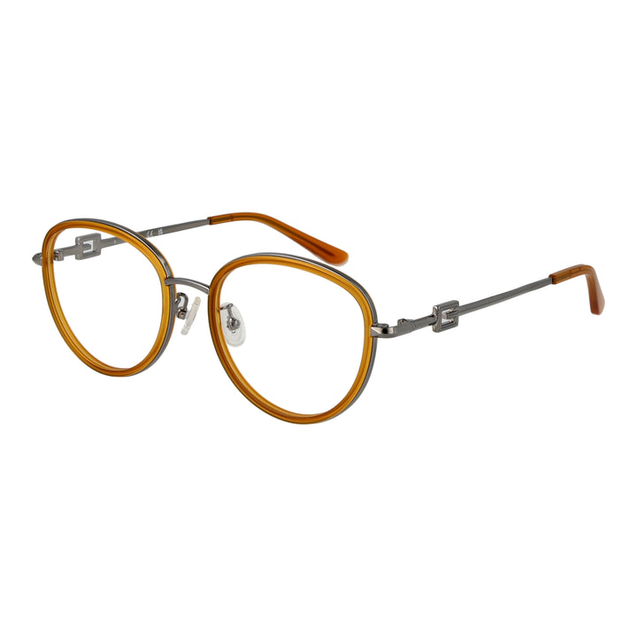 Unisex orange and silver retro round eyeglasses with metal temples and plastic tips on white background