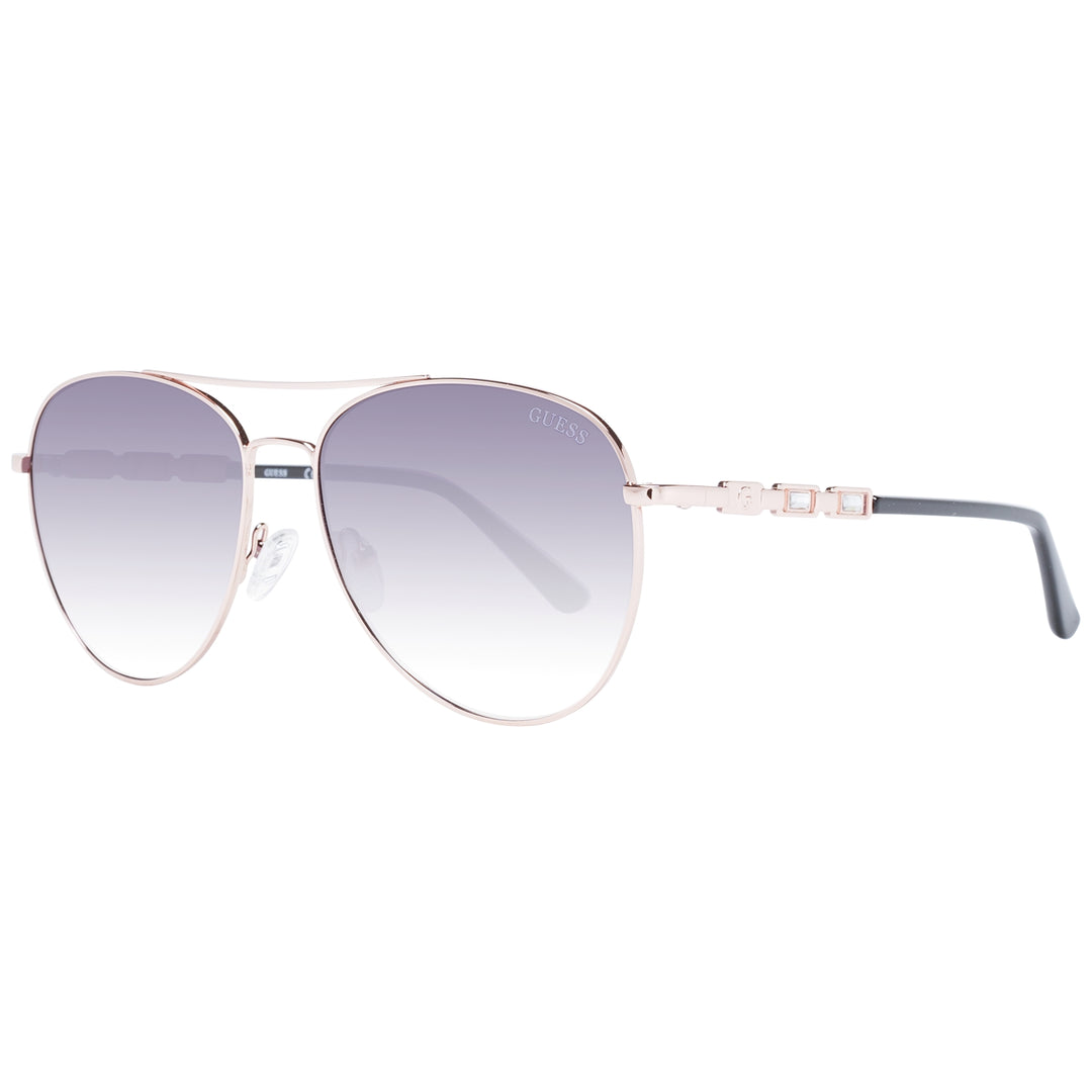 Rose gold aviator sunglasses with double bridge and gradient purple lenses, black temple tips, decorative temples