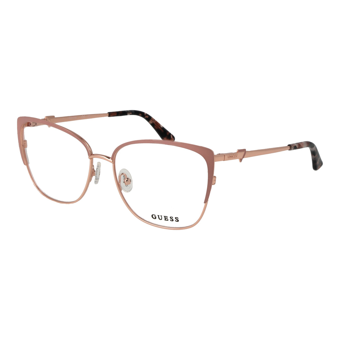 Rose gold metal rectangular eyeglasses with tortoiseshell temple accents on white background, front three-quarter view